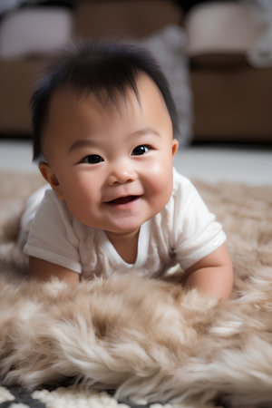 cute asian baby lying on the floor and smiling at cameraの素材
