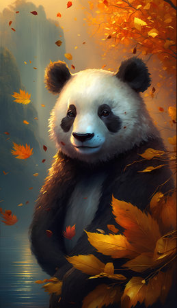 Panda in autumn forest with fallen leaves. Illustration for your designの素材