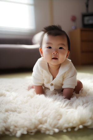 Asian baby boy (2 months old) sitting on a fur rugの素材