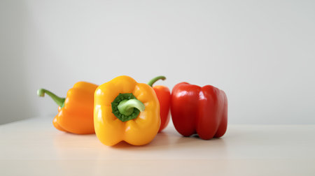 Colorful bell peppers on a wooden table and white wall background.の素材