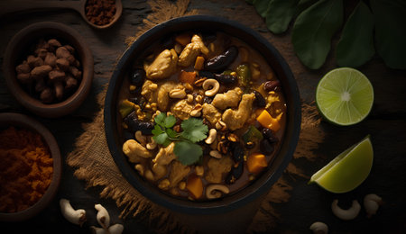 Traditional indian spicy curry with cashew, walnuts and chilli on wooden backgroundの素材