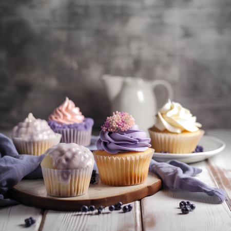 Cupcakes with cream and flowers on a wooden background. Selective focus.の素材