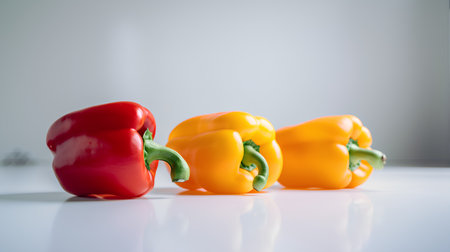 Red and yellow peppers on a white background. Selective focus.の素材