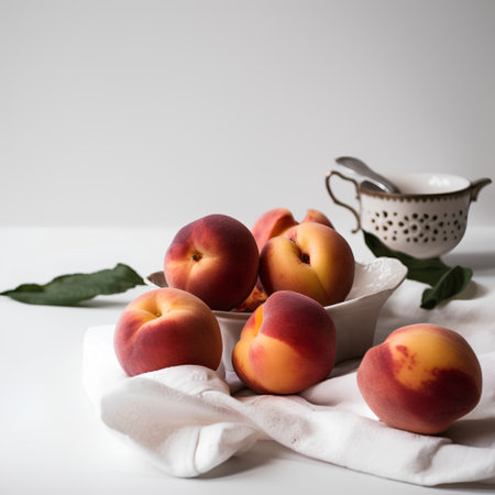 Fresh ripe peaches in a bowl on a white tablecloth.の素材