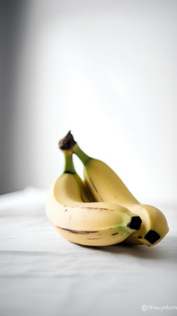 Bunch of bananas on a white tablecloth, selective focus.の素材