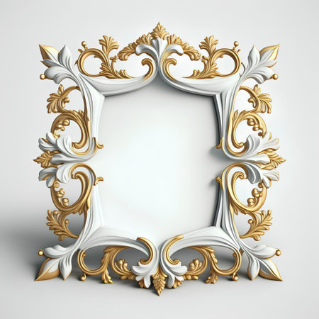3d render of vintage frame with gold ornament on a white backgroundの素材