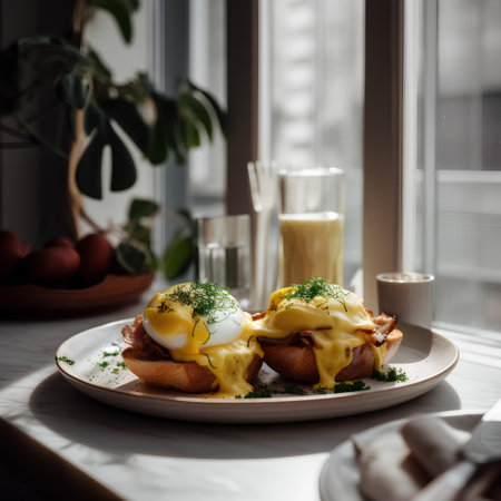 Eggs benedict with hollandaise sauce and hollandaise sauceの素材
