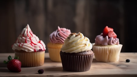Cupcakes with strawberry on wooden background. Selective focus.の素材