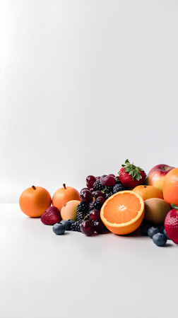 Variety of fresh fruits on white background. Healthy eating concept.の素材