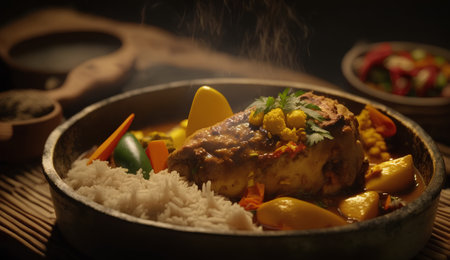 Pork ribs with rice and vegetables in a pan on the tableの素材
