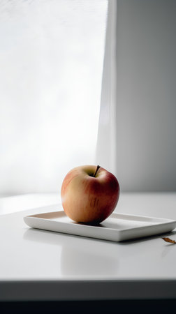 Red apple on a white square plate on a white table in a bright roomの素材