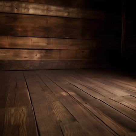 Wooden wall and floor in dark room with light coming from aboveの素材