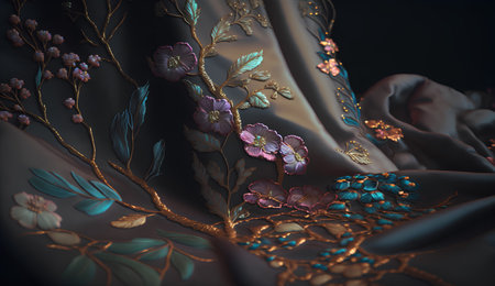 Fabric with a pattern of flowers and leaves. Toned.の素材