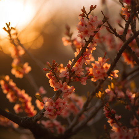 cherry blossom tree in sunset light, beautiful nature background.の素材