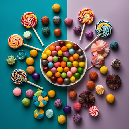 Colorful candies and lollipops on colorful background. Top viewの素材