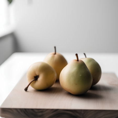 Ripe pears on a wooden board. Selective focus.の素材