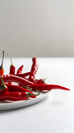 Red hot chili peppers on a white plate on a white background.の素材
