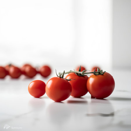 Cherry tomatoes on white table with copy space. Selective focus.の素材