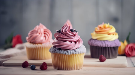 Cupcakes with buttercream frosting and fresh berries on wooden backgroundの素材