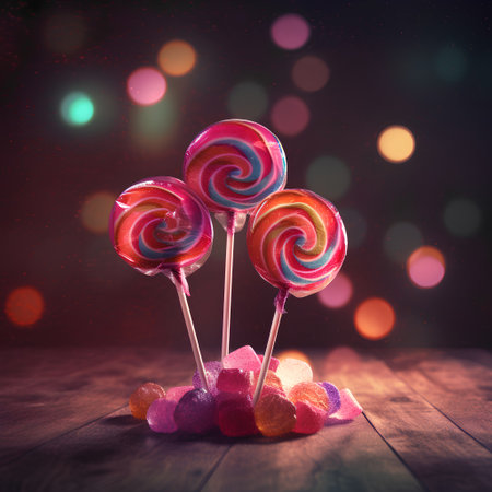 Colorful lollipops on wooden table and bokeh backgroundの素材