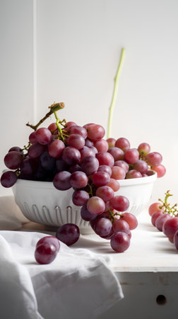 Ripe grapes in a white bowl on a white wooden table.の素材