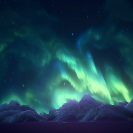Northern lights aurora borealis over snowy mountains, 3d illustrationの素材