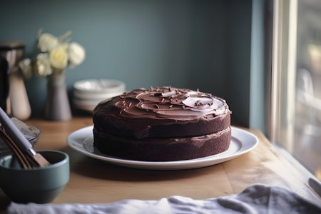 Chocolate cake on a plate, selective focus, shallow DOFの素材