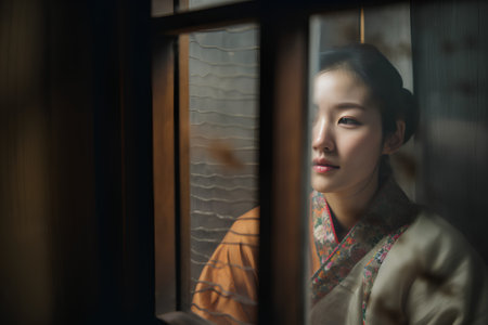 Beautiful asian woman in kimono looking through the windowの素材