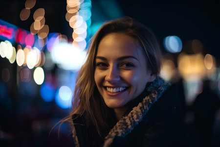 Portrait of a beautiful young woman at night in the city.の素材