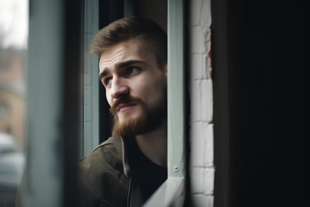 Portrait of a handsome young man with long beard and moustache standing near the windowの素材