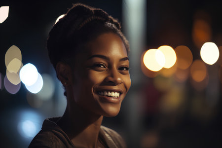 Portrait of a beautiful african american woman in the city at nightの素材