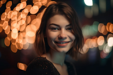 Portrait of a beautiful young woman with bokeh background.の素材