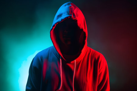 Man in a hood on a dark background with red and blue lightの素材