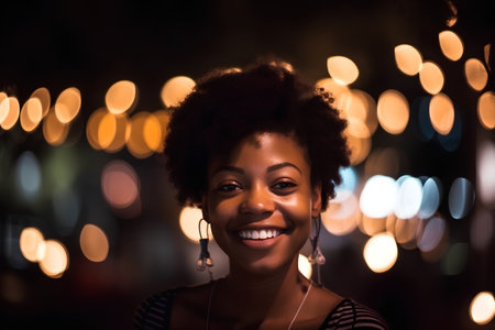 Portrait of a beautiful afro american woman in the city at nightの素材