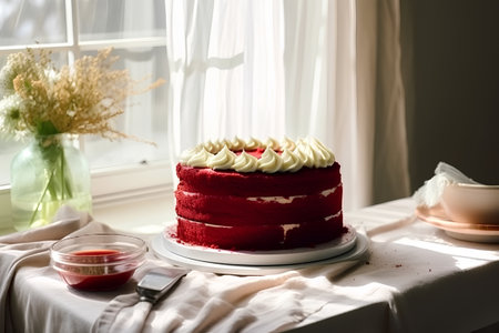 Red velvet cake with cream and strawberry jam on a white table.の素材