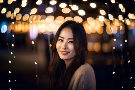 Beautiful asian woman smiling and looking at the camera with bokeh backgroundの素材