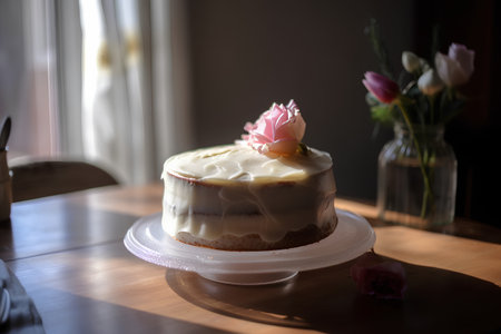 Cake with cream and roses on a wooden table in a cafeの素材
