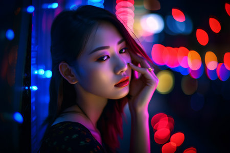 Beautiful asian woman with colorful bokeh background in the nightの素材