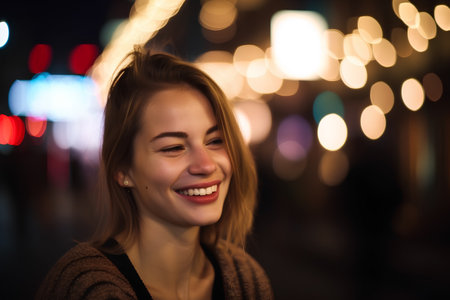 Portrait of a beautiful young woman at night in the city.の素材