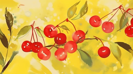 Branch of red cherries on a yellow background. Vector illustration.の素材
