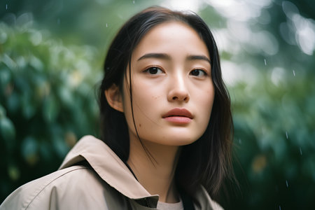 Portrait of young beautiful asian woman in raincoat outdoors.の素材