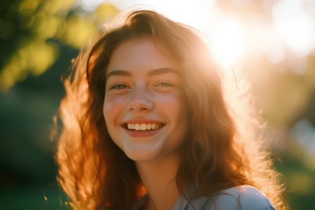 Portrait of a beautiful young woman in the park at sunset.の素材