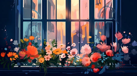 Illustration of a window decorated with flowers and plants in the eveningの素材