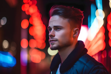 Handsome young man in the city at night with colorful lightsの素材