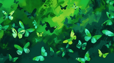abstract watercolor background with butterflies in green and black colors.の素材