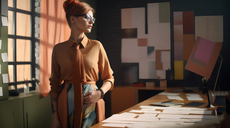 Fashion designer woman working on her designs in the studio, sitting at the desk.の素材