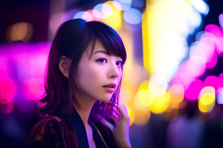 Beautiful asian woman with colorful bokeh background in the nightの素材