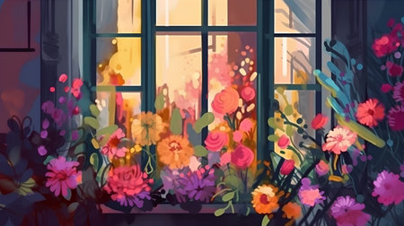 Illustration of a window with flowers in the garden at sunset.の素材