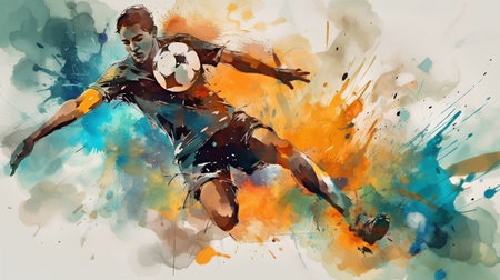 Soccer player with ball in action on watercolor splashes backgroundの素材