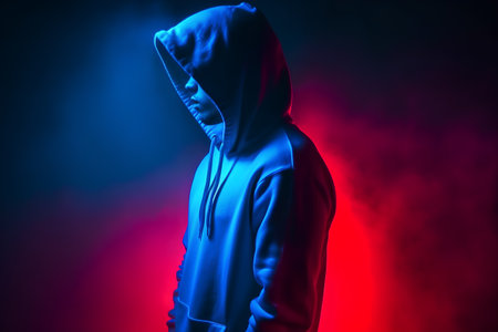 Hooded man in a blue hoodie on a dark backgroundの素材